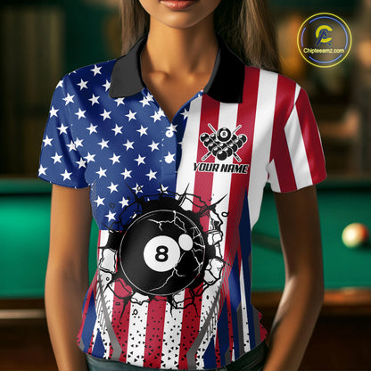 Funny Break 8 Ball Pool Billiard Shirt For Women Custom American Flag Pool Jersey Team Polo, 1/4 Zip TDM6036