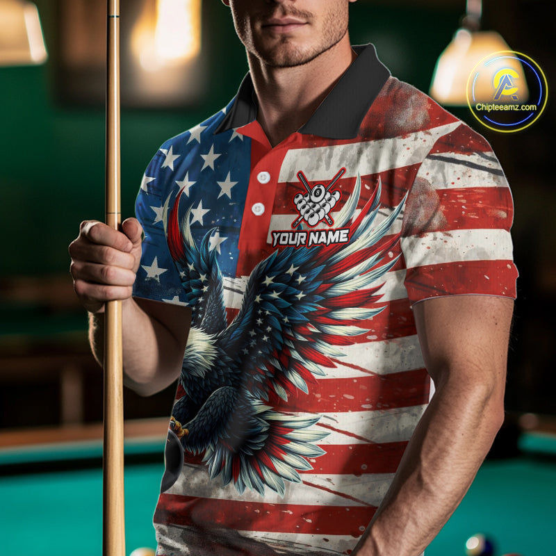 Personalized Vintage American Flag Eagle Billiard Shirt For Men, Patriotic 8 Ball Pool Jerseys TDM4155