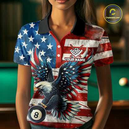 Personalized Vintage American Flag Eagle Billiard Shirt For Women, Patriotic 8 Ball Pool Jerseys TDM4155