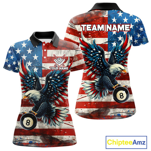 Personalized Vintage American Flag Eagle Billiard Shirt For Women, Patriotic 8 Ball Pool Jerseys TDM4155
