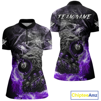 Personalized Purple 8 Ball Pool Wolf And Skull Billiard Shirt For Women, Smoke Billiard Team Jerseys TDM4159