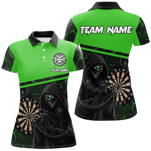 Personalized Death Skeleton Custom Green Darts Polo & Quarter-Zip Shirts For Women, Cool Darts Jersey TDM1984