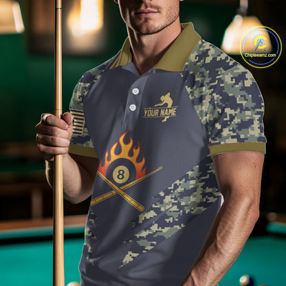 Personalized Flame 8 Ball Camo Billiard Shirts Custom Navy Blue Pool Team Jerseys Polo & 1/4 Zip TDM4332