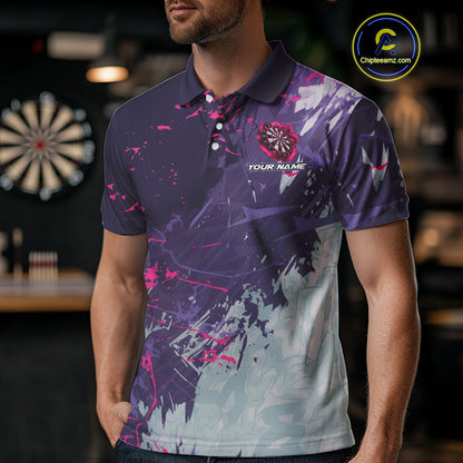 Pink And Purple Grunge Darts Polo & Quarter Zip Custom Darts Shirt For Men, Darts Team Jersey TDM4978