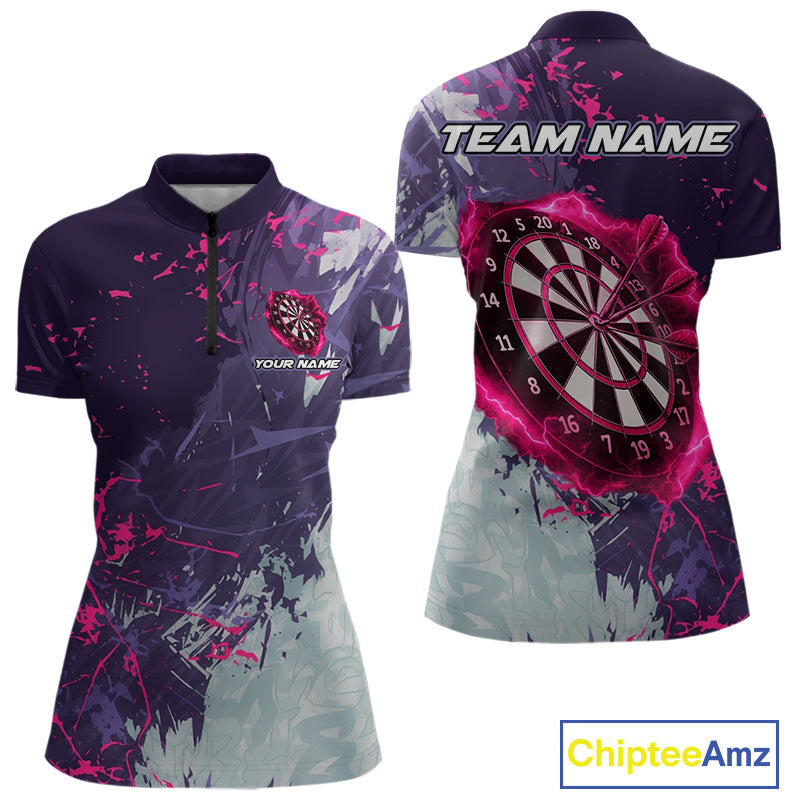 Pink And Purple Grunge Darts Polo & Quarter Zip Custom Darts Shirt For Women, Darts Team Jersey TDM4978