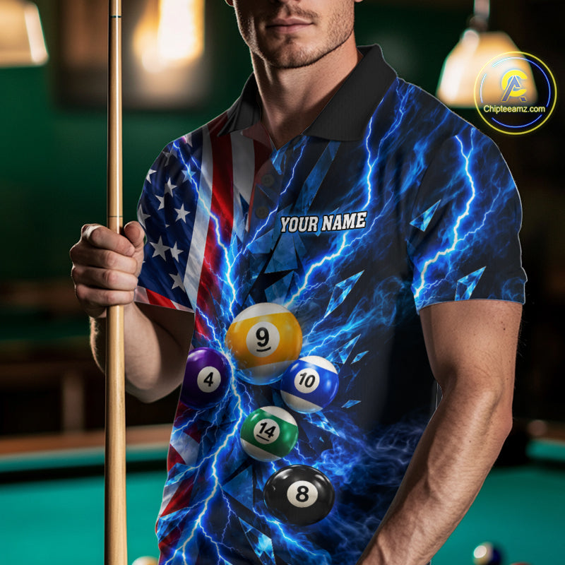 Blue Lightning Thunder American Flag Billiard Shirt For Men Custom Pool Balls Billiard Team Jersey TDM7817