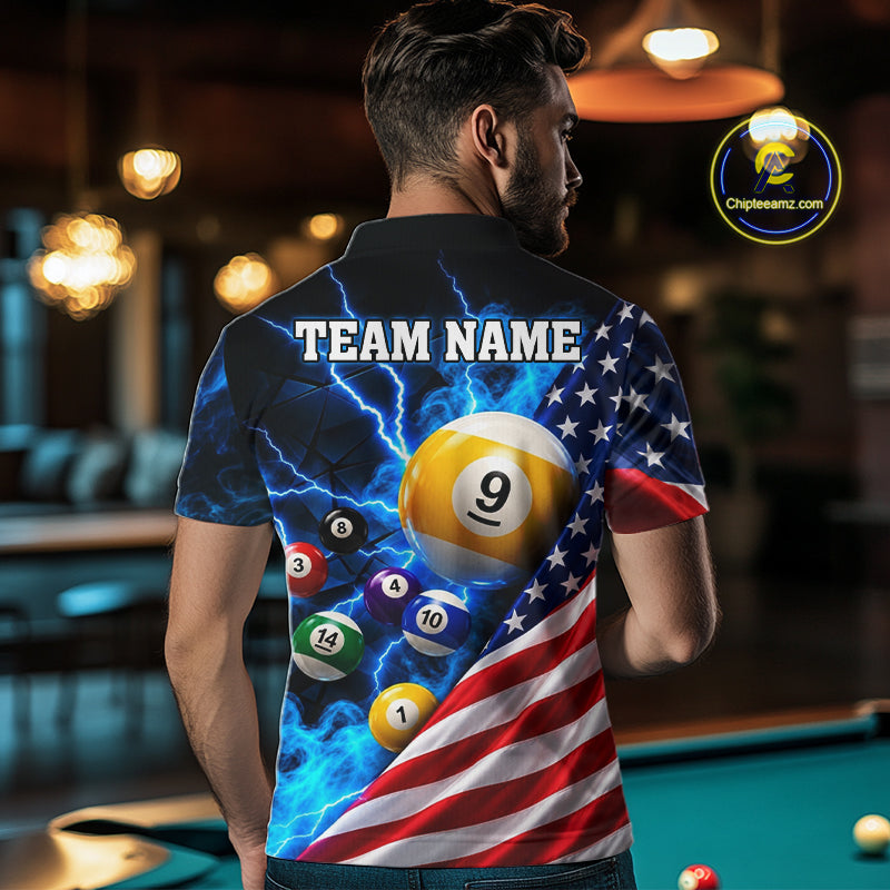 Blue Lightning Thunder American Flag Billiard Shirt For Men Custom Pool Balls Billiard Team Jersey TDM7817
