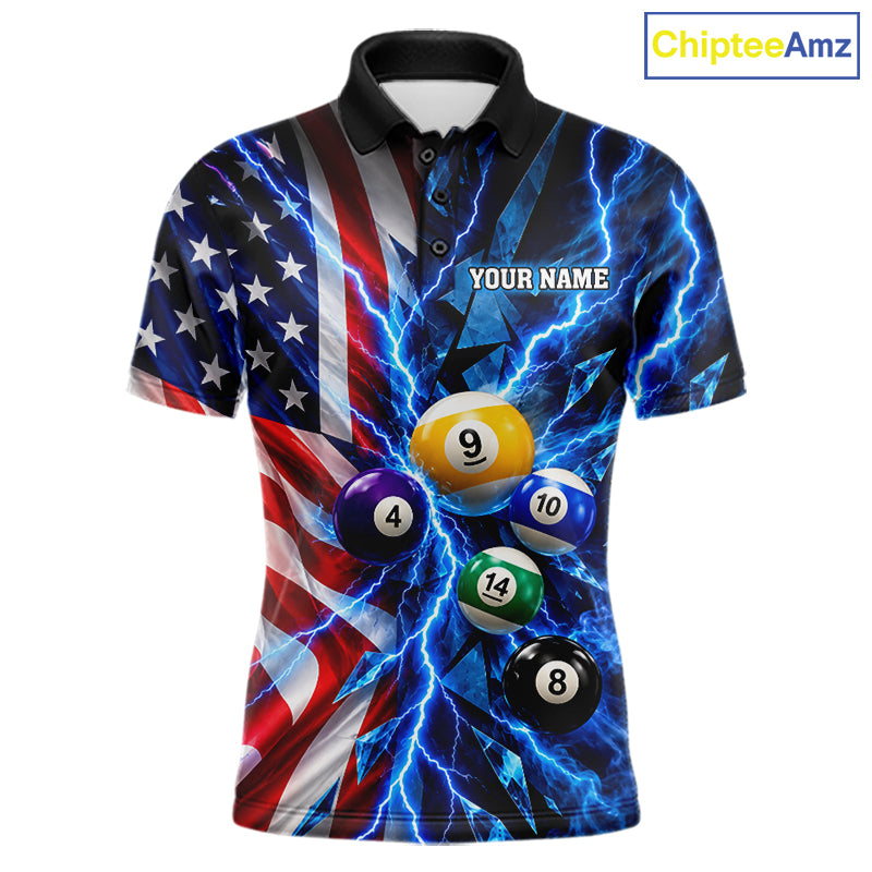 Blue Lightning Thunder American Flag Billiard Shirt For Men Custom Pool Balls Billiard Team Jersey TDM7817