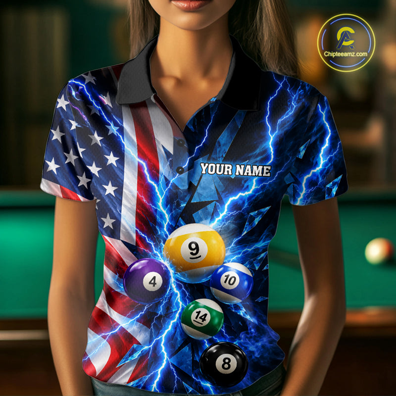 Blue Lightning Thunder American Flag Billiard Shirt For Women Custom Pool Balls Billiard Team Jersey TDM7817