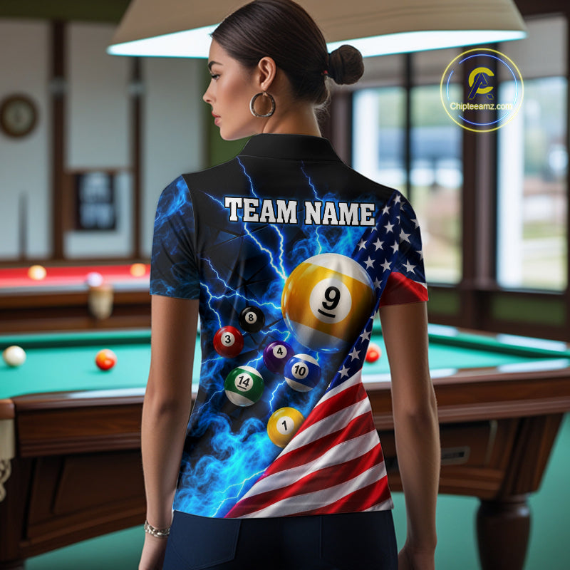 Blue Lightning Thunder American Flag Billiard Shirt For Women Custom Pool Balls Billiard Team Jersey TDM7817