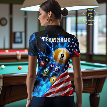 Blue Lightning Thunder American Flag Billiard Shirt For Women Custom Pool Balls Billiard Team Jersey TDM7817