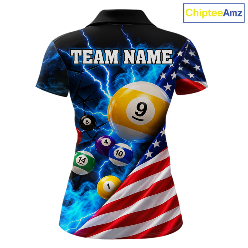 Blue Lightning Thunder American Flag Billiard Shirt For Women Custom Pool Balls Billiard Team Jersey TDM7817