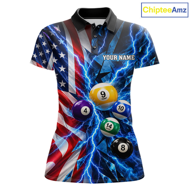 Blue Lightning Thunder American Flag Billiard Shirt For Women Custom Pool Balls Billiard Team Jersey TDM7817