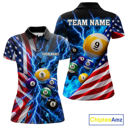 Blue Lightning Thunder American Flag Billiard Shirt For Women Custom Pool Balls Billiard Team Jersey TDM7817