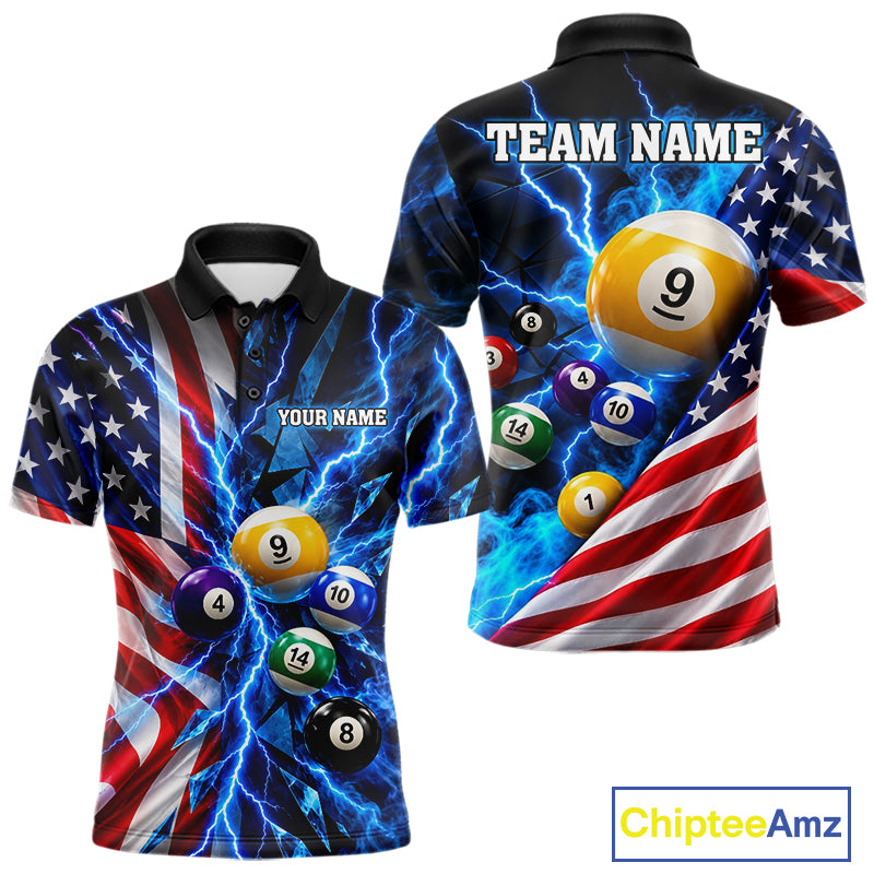 Blue Lightning Thunder American Flag Billiard Shirt For Men Custom Pool Balls Billiard Team Jersey TDM7817