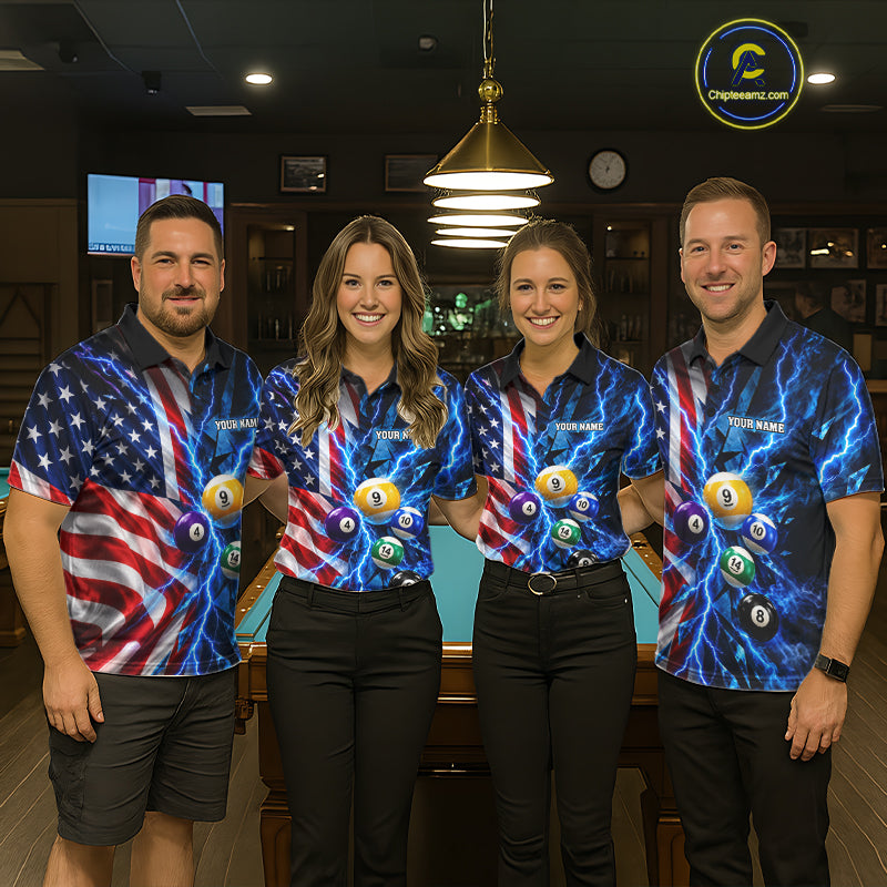Blue Lightning Thunder American Flag Billiard Shirt For Women Custom Pool Balls Billiard Team Jersey TDM7817