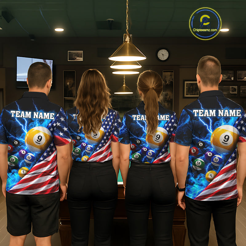 Blue Lightning Thunder American Flag Billiard Shirt For Women Custom Pool Balls Billiard Team Jersey TDM7817