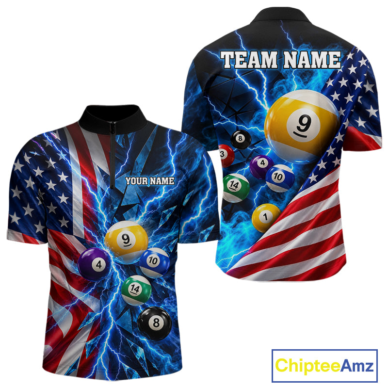 Blue Lightning Thunder American Flag Billiard Shirt For Men Custom Pool Balls Billiard Team Jersey TDM7817