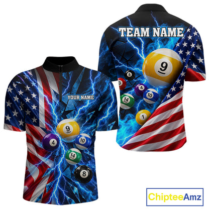 Blue Lightning Thunder American Flag Billiard Shirt For Men Custom Pool Balls Billiard Team Jersey TDM7817