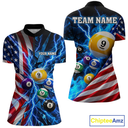 Blue Lightning Thunder American Flag Billiard Shirt For Women Custom Pool Balls Billiard Team Jersey TDM7817