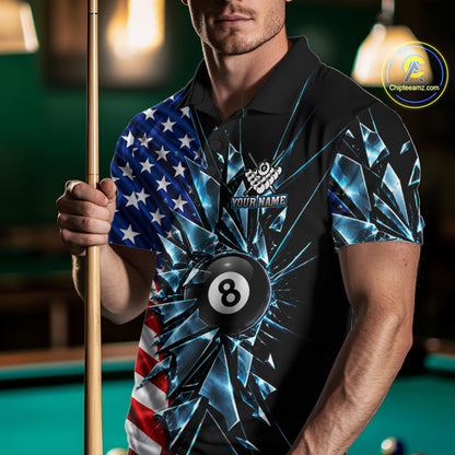 American Flag Break Glass 8 Ball Billiard Pool Shirt For Men Custom Patriotic Billiard Team Jersey TDM7819
