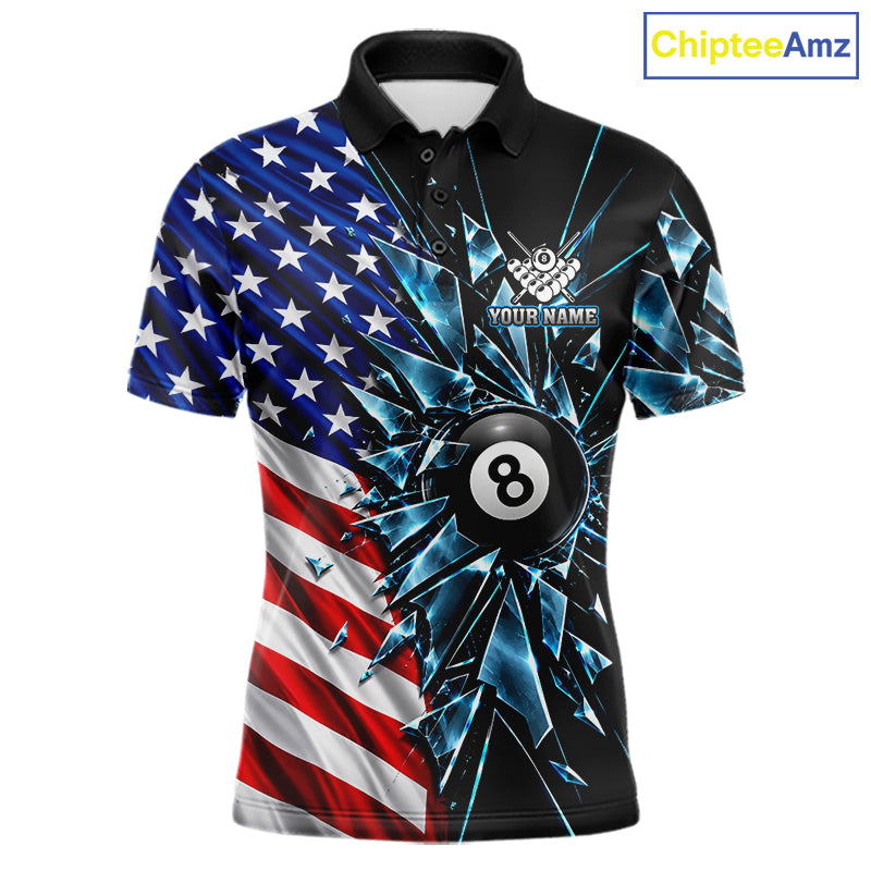 American Flag Break Glass 8 Ball Billiard Pool Shirt For Men Custom Patriotic Billiard Team Jersey TDM7819