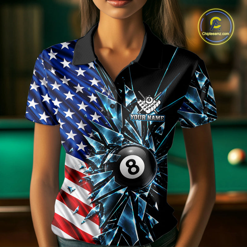 American Flag Break Glass 8 Ball Billiard Pool Shirt For Women Custom Patriotic Billiard Team Jersey TDM7819