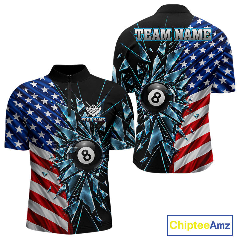 American Flag Break Glass 8 Ball Billiard Pool Shirt For Men Custom Patriotic Billiard Team Jersey TDM7819