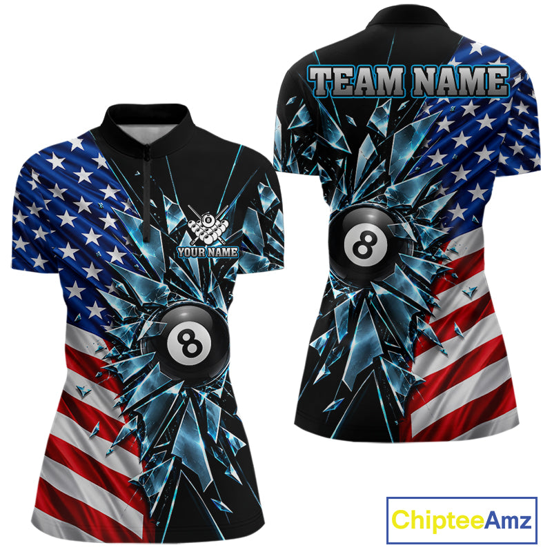 American Flag Break Glass 8 Ball Billiard Pool Shirt For Women Custom Patriotic Billiard Team Jersey TDM7819