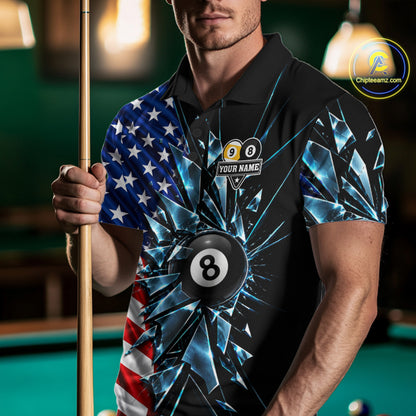 American Flag Break Glass 8 Ball & 9 Ball Billiard Shirt For Men Custom Patriotic Pool Team Jersey TDM7820