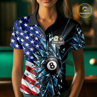American Flag Break Glass 8 Ball & 9 Ball Billiard Shirt For Women Custom Patriotic Pool Team Jersey TDM7820