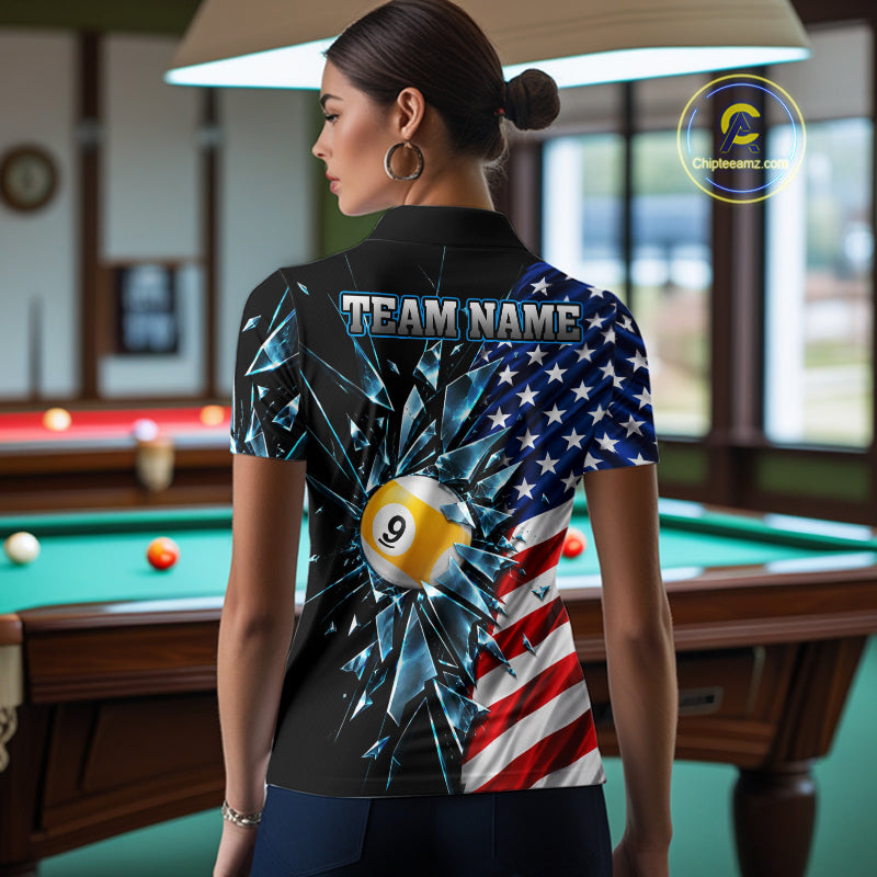 American Flag Break Glass 8 Ball & 9 Ball Billiard Shirt For Women Custom Patriotic Pool Team Jersey TDM7820