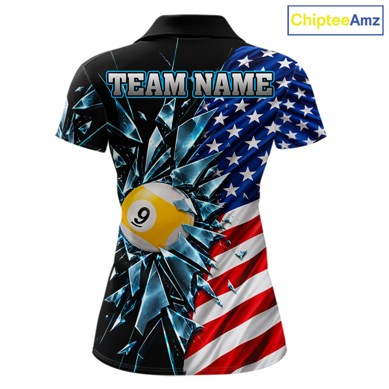 American Flag Break Glass 8 Ball & 9 Ball Billiard Shirt For Women Custom Patriotic Pool Team Jersey TDM7820