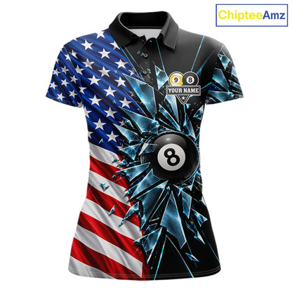 American Flag Break Glass 8 Ball & 9 Ball Billiard Shirt For Women Custom Patriotic Pool Team Jersey TDM7820