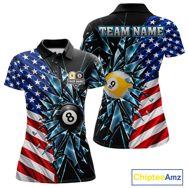 American Flag Break Glass 8 Ball & 9 Ball Billiard Shirt For Women Custom Patriotic Pool Team Jersey TDM7820