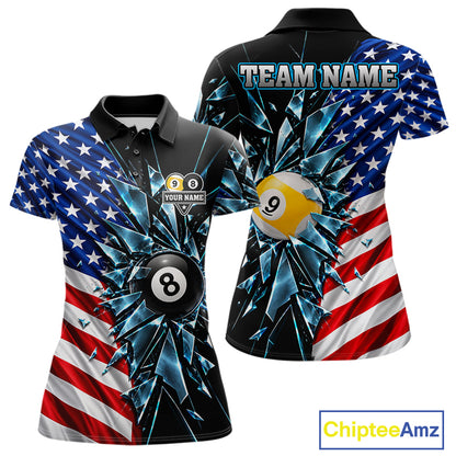 American Flag Break Glass 8 Ball & 9 Ball Billiard Shirt For Women Custom Patriotic Pool Team Jersey TDM7820