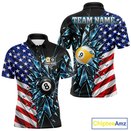 American Flag Break Glass 8 Ball & 9 Ball Billiard Shirt For Men Custom Patriotic Pool Team Jersey TDM7820