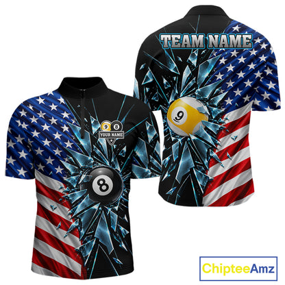 American Flag Break Glass 8 Ball & 9 Ball Billiard Shirt For Men Custom Patriotic Pool Team Jersey TDM7820