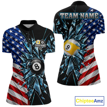 American Flag Break Glass 8 Ball & 9 Ball Billiard Shirt For Women Custom Patriotic Pool Team Jersey TDM7820