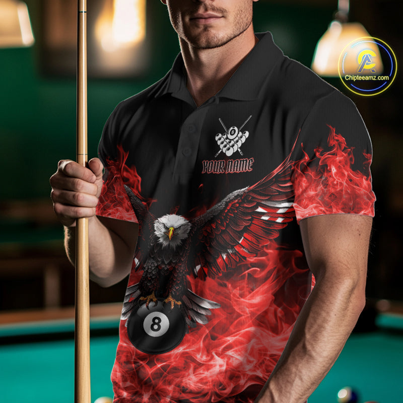 Red Flame Smoke American Flag Eagle Skull Billiard Shirt For Men Custom 8 Ball Pool Team Jersey TDM7821