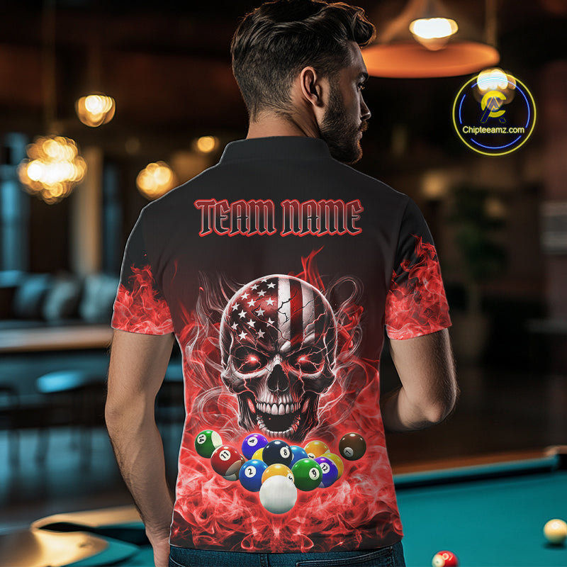Red Flame Smoke American Flag Eagle Skull Billiard Shirt For Men Custom 8 Ball Pool Team Jersey TDM7821