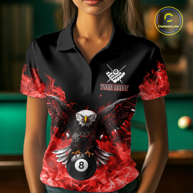 Red Flame Smoke American Flag Eagle Skull Billiard Shirt For Women Custom 8 Ball Pool Team Jersey TDM7821