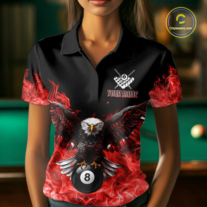Red Flame Smoke American Flag Eagle Skull Billiard Shirt For Women Custom 8 Ball Pool Team Jersey TDM7821