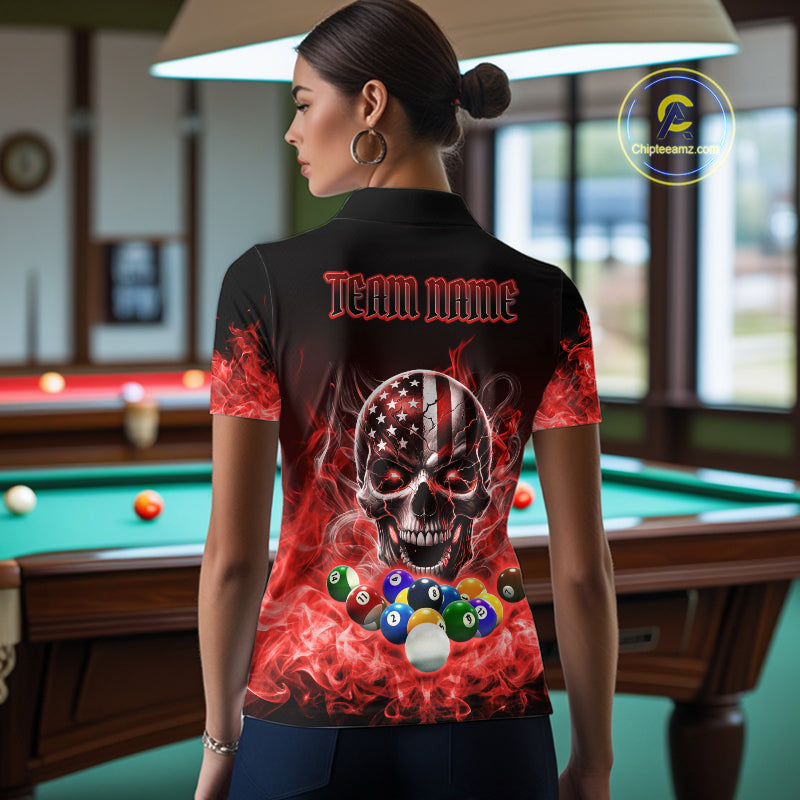 Red Flame Smoke American Flag Eagle Skull Billiard Shirt For Women Custom 8 Ball Pool Team Jersey TDM7821