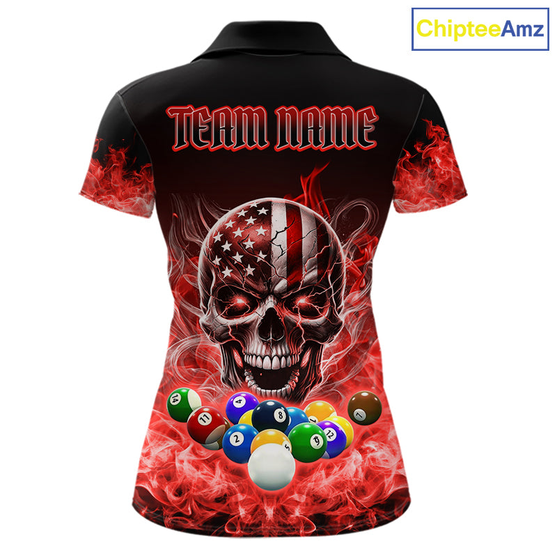 Red Flame Smoke American Flag Eagle Skull Billiard Shirt For Women Custom 8 Ball Pool Team Jersey TDM7821