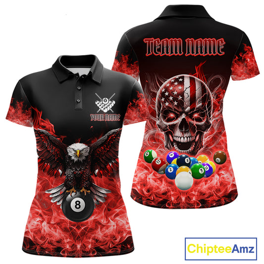 Red Flame Smoke American Flag Eagle Skull Billiard Shirt For Women Custom 8 Ball Pool Team Jersey TDM7821