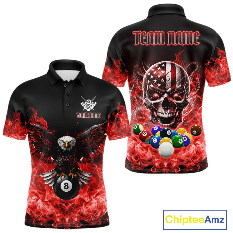 Red Flame Smoke American Flag Eagle Skull Billiard Shirt For Men Custom 8 Ball Pool Team Jersey TDM7821