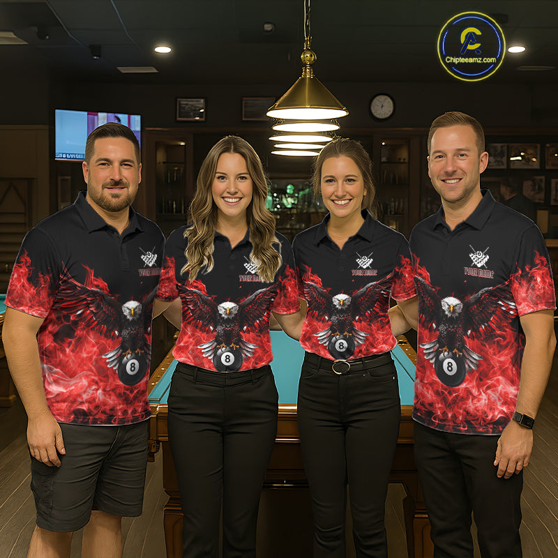 Red Flame Smoke American Flag Eagle Skull Billiard Shirt For Women Custom 8 Ball Pool Team Jersey TDM7821