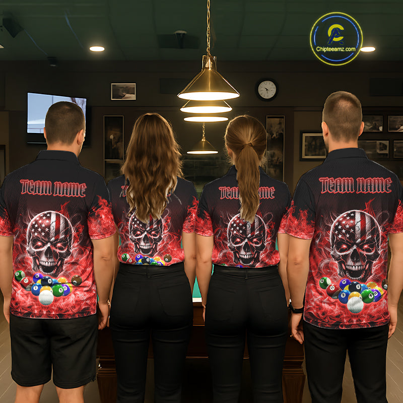 Red Flame Smoke American Flag Eagle Skull Billiard Shirt For Women Custom 8 Ball Pool Team Jersey TDM7821