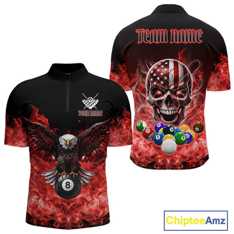 Red Flame Smoke American Flag Eagle Skull Billiard Shirt For Men Custom 8 Ball Pool Team Jersey TDM7821